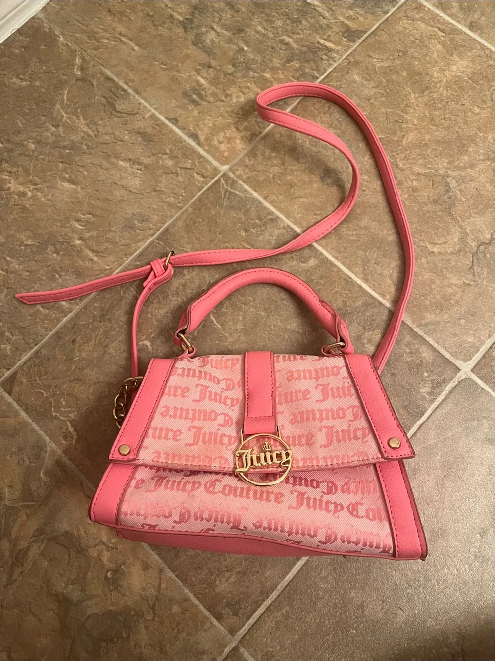 Juicy Couture Pink Logo Satchel with Gold-Tone Emblem